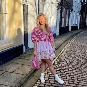 ASOS DESIGN mixed gingham and floral tiered mini smock dress